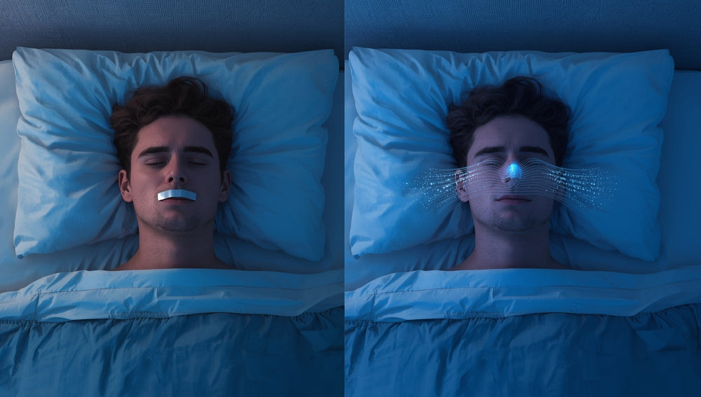 Man sleeping with mouth tape vs nasal breathing airflow showing comparison for better sleep