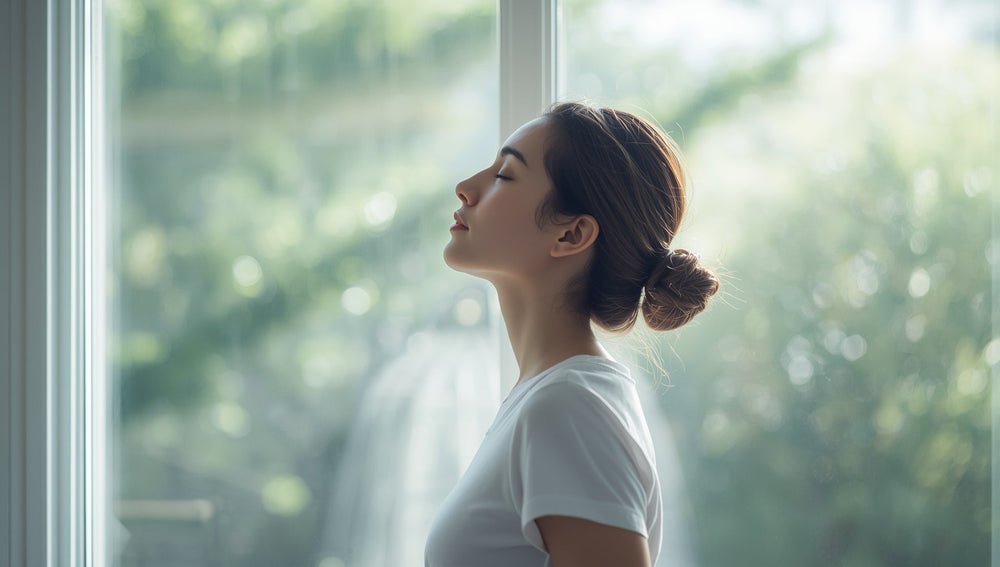 Woman practicing calm nasal breathing exercise indoors for relaxation