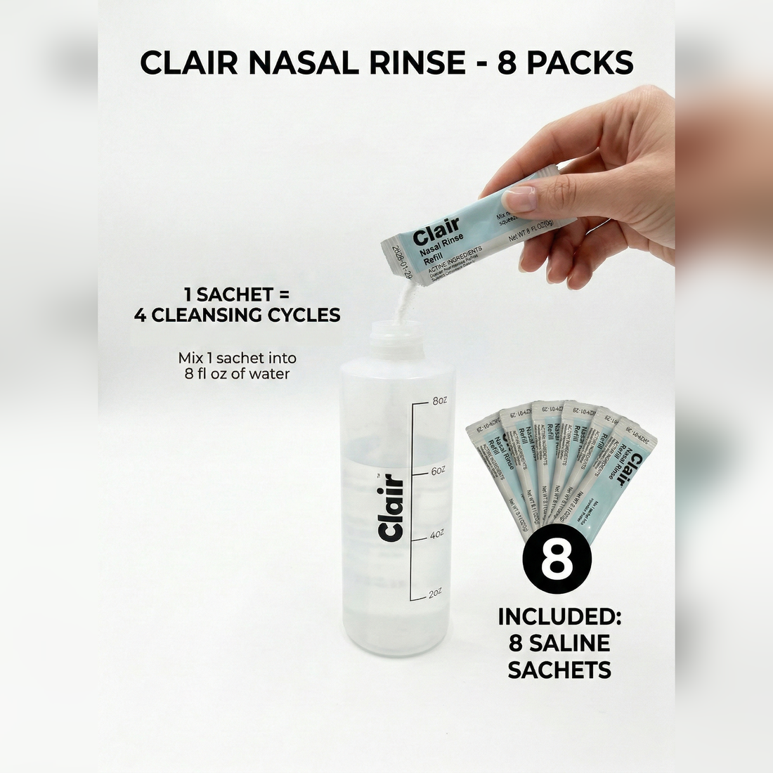 Clair saline sachet being poured — one sachet mixes with 8 oz of water for four cleansing cycles