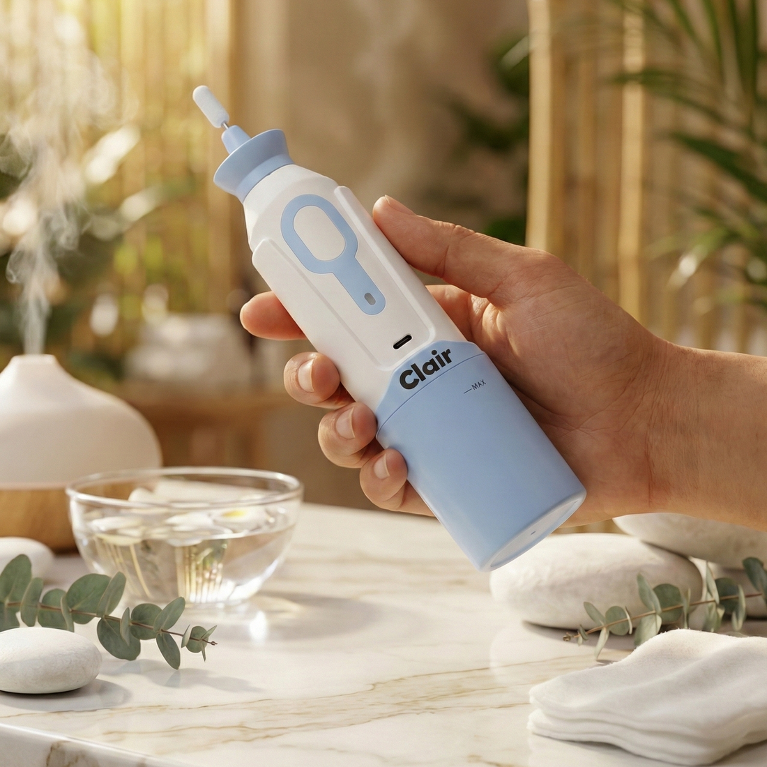 Clair powered nasal cleaning device held in hand