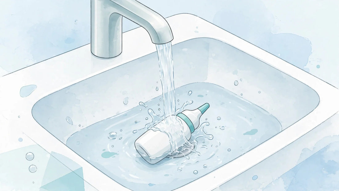 Nasal rinse device being rinsed under a faucet