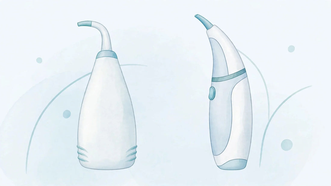 Squeeze bottle beside an electric nasal device