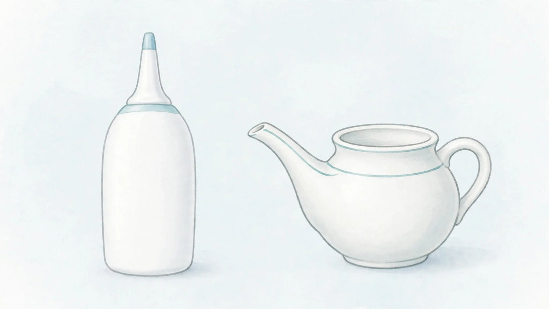 Squeeze bottle beside a neti pot