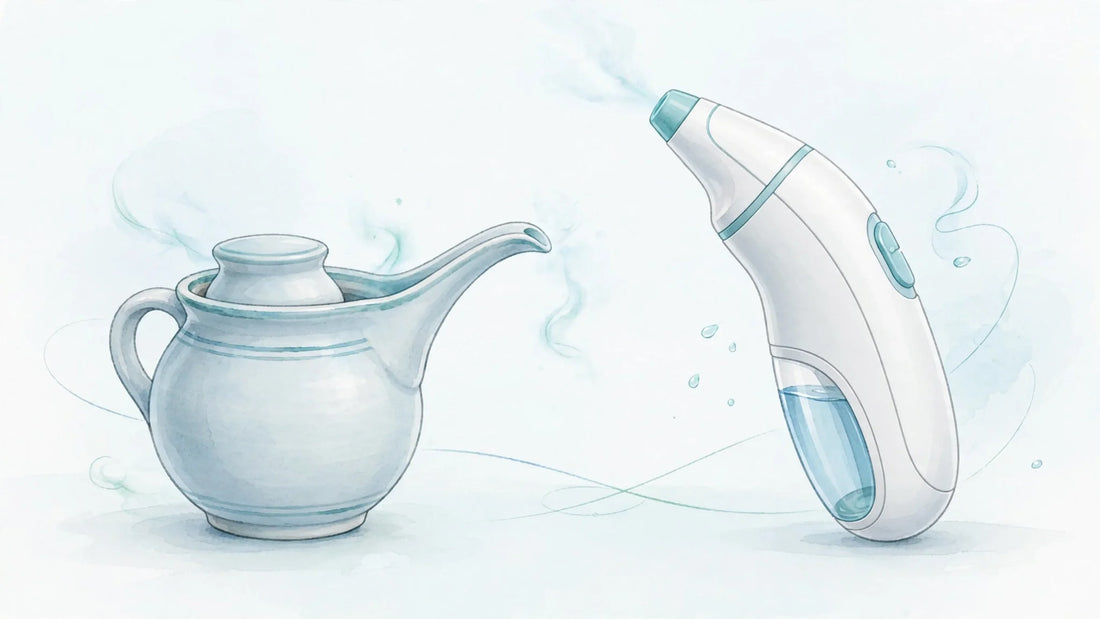 Neti pot beside a modern electric nasal device