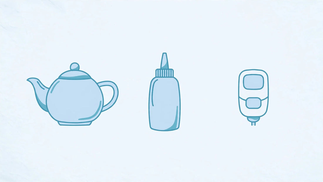 Neti pot, squeeze bottle, and powered rinse device compared