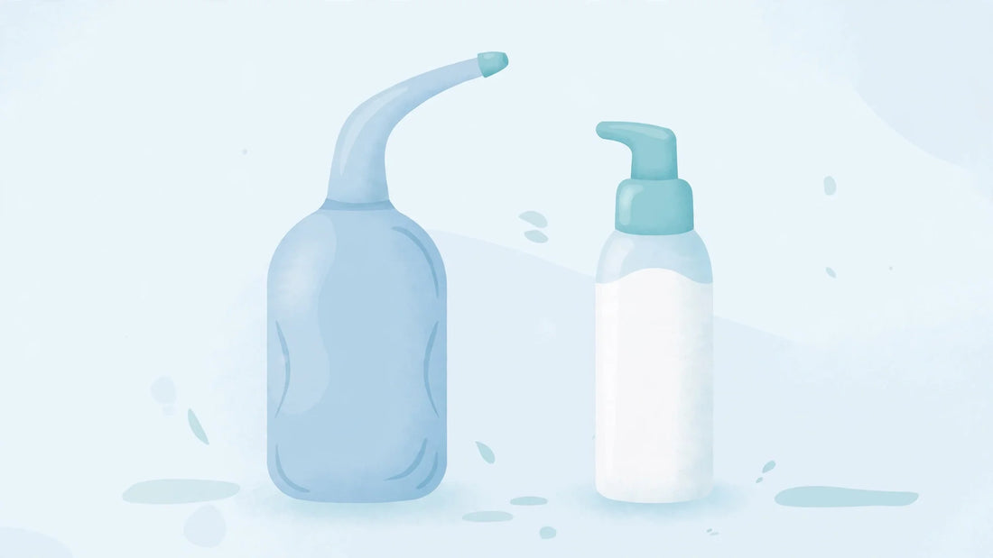 Nasal rinse device beside a nasal spray bottle