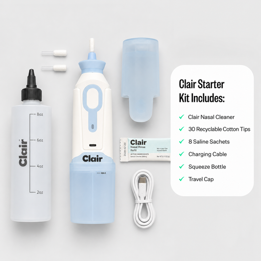 Clair Starter Kit contents laid out on a white background: nasal rinse device, 30 recyclable cotton tips, 8 pre-mixed saline sachets, charging cable, squeeze bottle, and travel cap