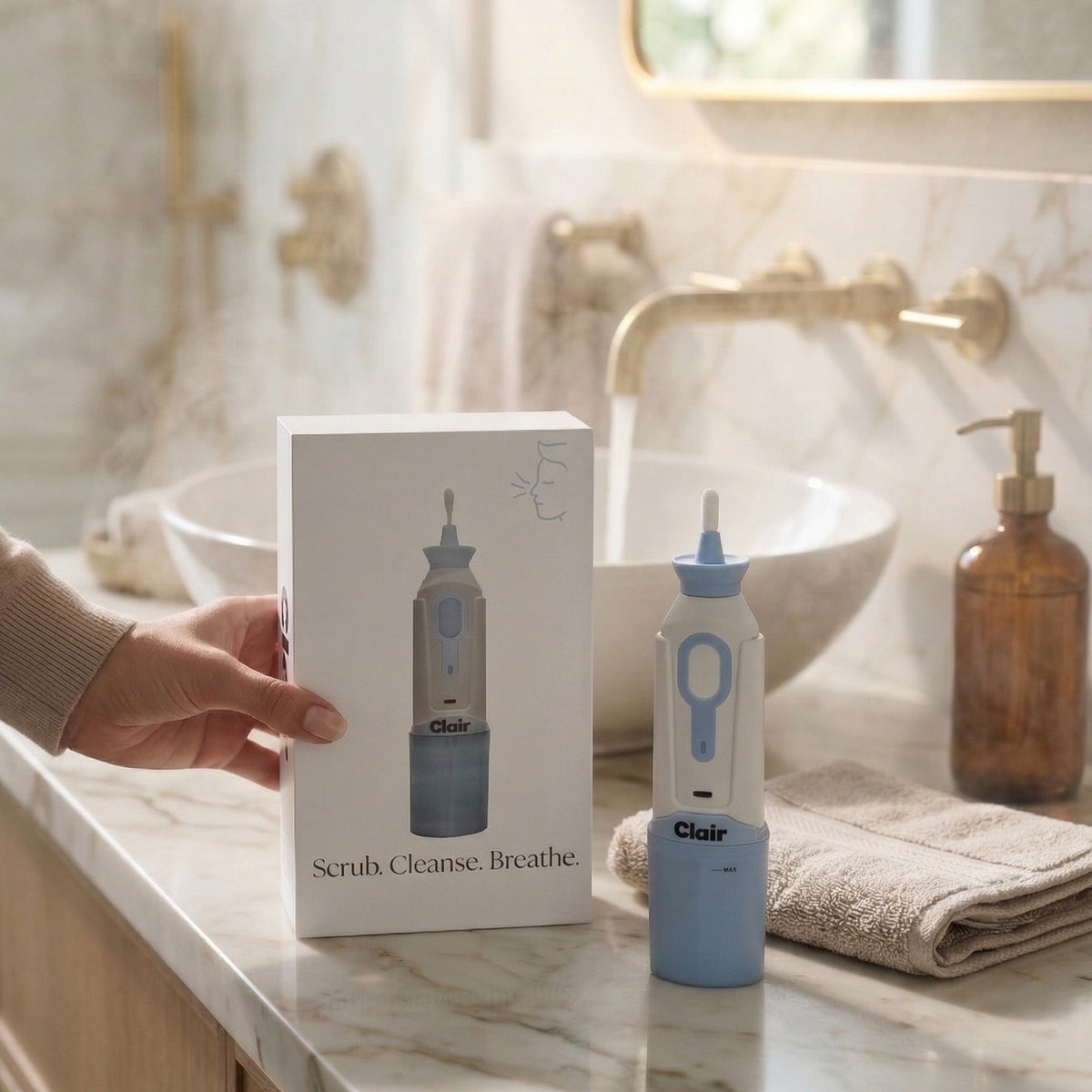 Clair Starter Kit box and device on a bathroom counter